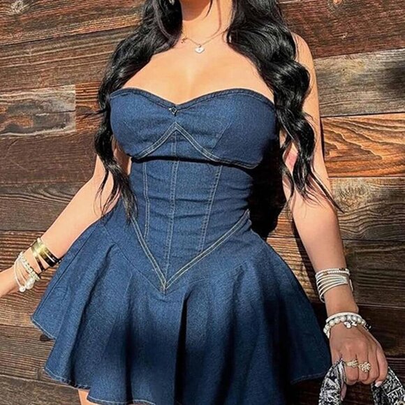 Women's Denim Tube Dress Sleeveless Mini Dress Flared Hem Casual - Picture 2 of 6